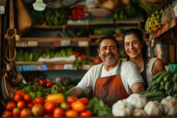 Two business owners of a farmer’s market display